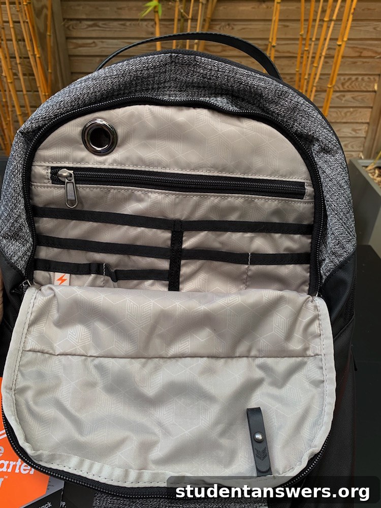 Inside the main external pocket showing various organizer holders and a zipped pocket
