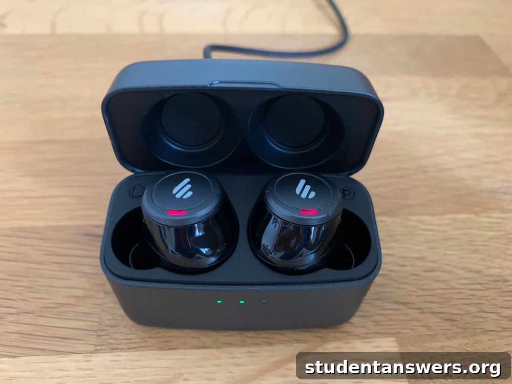 The Edifier TWS5 charging case with its lid open