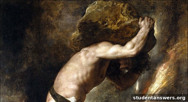 Sisyphus pushing a boulder uphill, representing a tedious task.